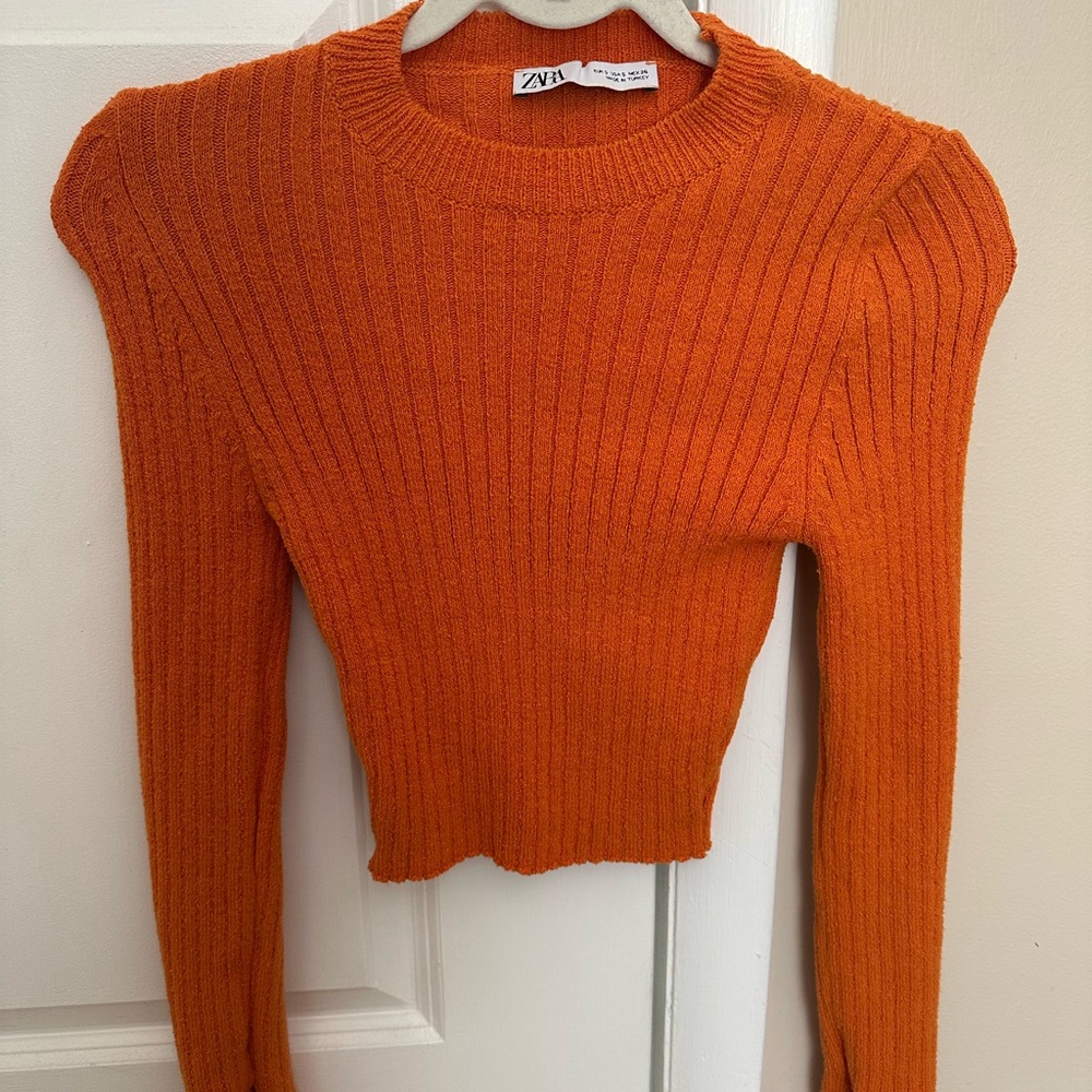 Zara Vibrant Orange Ribbed Cropped Sweater